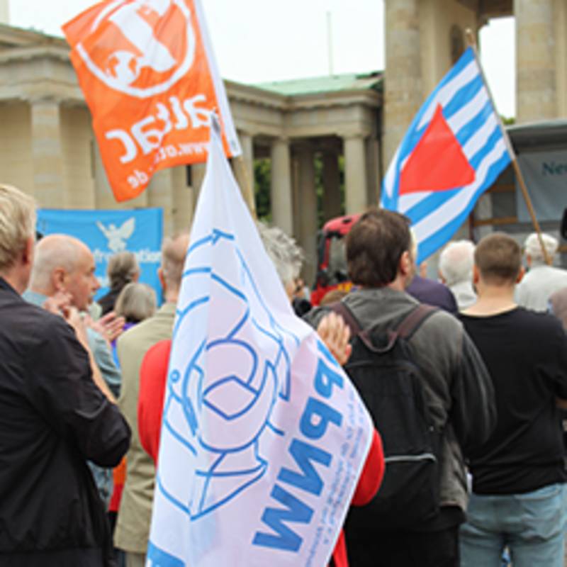 Demonstration am Antikriegstag 2017 mit Fahnen vom VVN, attac und der IPPNW, Foto: IPPNW