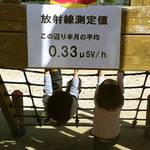 Kinder auf einem Spielplatz nach der Atomkatastrophe von Fukushima. Das Schild gibt die Strahlendosis an. Foto: Ian Thomas Ash, documentingian.com