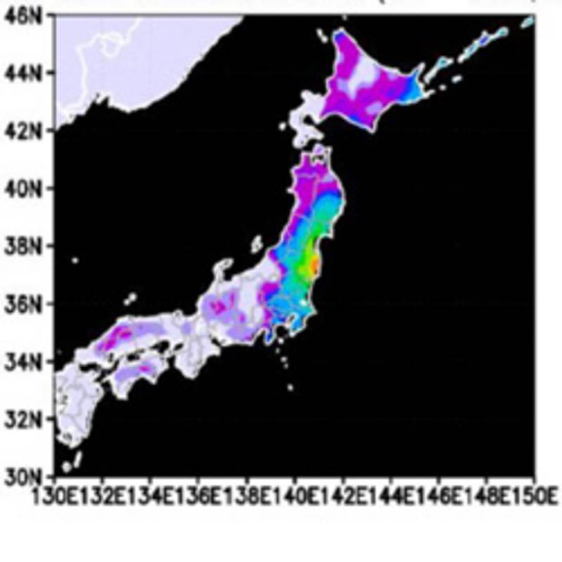 Konzentration von Cäsium-137 in den Böden Japans (Bq/kg) infolge der Atomkatastrophe von Fukushima.