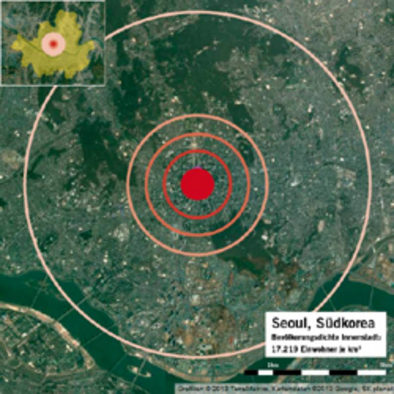 Betroffener Umkreis bei einem Atombombenangriff (10kt) auf Seoul